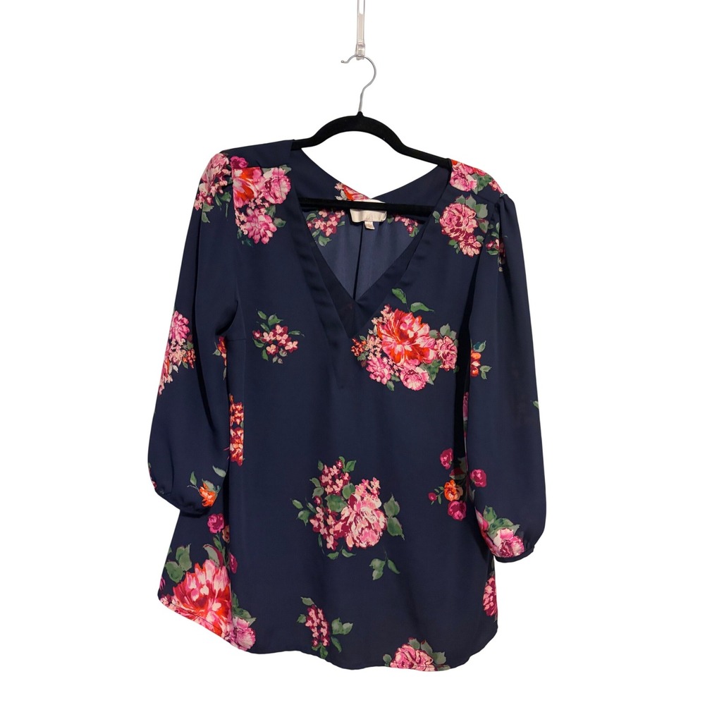 Skies Are Blue Blouse Floral Navy Blue V-Neck 3/4 Sleeve XL